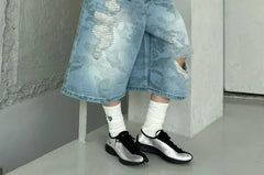 Unisex Camouflage Distressed Wide-Leg Denim Shorts