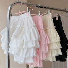 Elastic Waist Plain Lace Trim Tiered Ruffle Mini A-Line Skort
