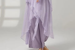 Elbow-Sleeve V-Neck Tie Front Plain Dance Top / High Waist Asymmetrical Skirt Overlay Wide Leg Pants