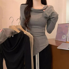 Long-Sleeve Cowl Neck Plain Asymmetrical T-Shirt