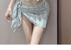 Set: Ribbon Front Tankini Top + Bottom + Cover-Up Skirt