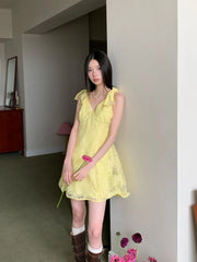 Sleeveless V-Neck Knot Lace Mini A-Line Dress