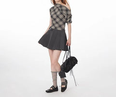 Short-Sleeve Off Shoulder Plaid Ruched Tee