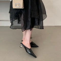 Chunky Heel Pointed Toe Plain Faux Leather Mules