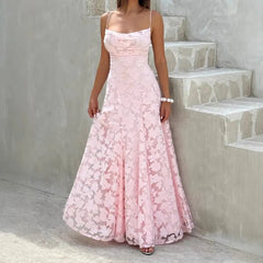 Spaghetti Strap Midi A-Line Lace Dress