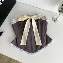 Bow Accent Lace Trim Crop Corset Tube Top