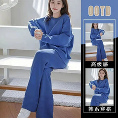 Set: Crew Neck Plain Pullover + Elastic Waist Wide Leg Pants
