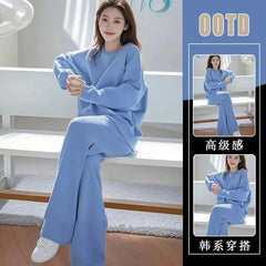 Set: Crew Neck Plain Pullover + Elastic Waist Wide Leg Pants