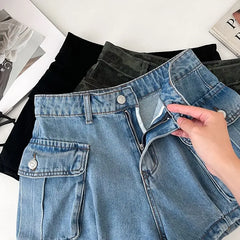 Mid Waist Denim Cargo Hot Pants