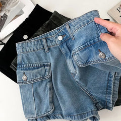 Mid Waist Denim Cargo Hot Pants