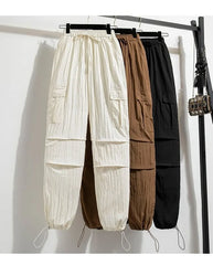 Drawstring Waist Plain Cropped Harem Cargo Pants