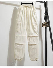 Drawstring Waist Plain Cropped Harem Cargo Pants