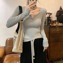 Long-Sleeve Henley Plain Top
