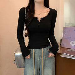 Long-Sleeve Henley Plain Top