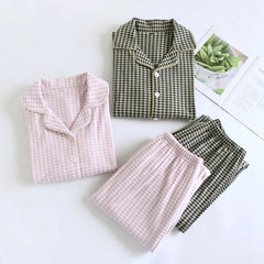 Couple Matching Pajama Set: Long Sleeve Collared Plaid Shirt + Elastic Waist Straight Leg Pants (Various Designs)