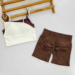 Plain Asymmetrical Plain Ribbed Sports Bra / High Waist Biker Shorts