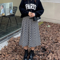 [XL-4XL] High Rise Checkerboard Midi A-Line Skirt