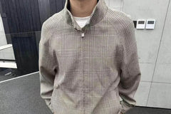 Collared Houndstooth Zip-Up Jacket