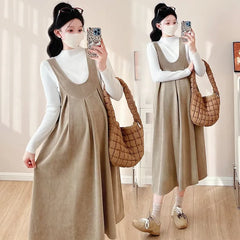 Maternity Long-Sleeve Mock Neck Plain T-Shirt / Scoop Neck Pleated Midi A-Line Overall Dress / Set