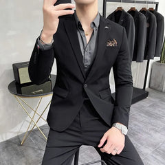 Set: Lapel Collar Plain Blazer + Mid Rise Cropped Straight Leg Dress Pants