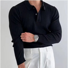 Long-Sleeve Plain Ribbed Knit Polo Shirt