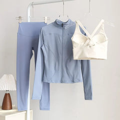 Set: Stand Collar Plain Zip Jacket + Sport Bra Top + High Waist Plain Yoga Pants