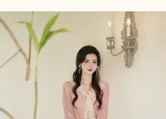 Long Sleeve Collared Panel Lace Midi A-Line Dress