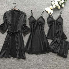 Pajama Set: Satin Panel Lace Camisole Top + Spaghetti Strap Nightdress + Shorts + Robe