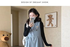 Maternity Long-Sleeve Mock Neck Plain Knit Top / Sleeveless Crew Neck Midi A-Line Dress / Set