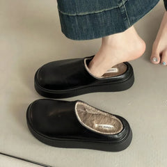 Platform Fleece-Lined Faux Leather Mules