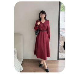 [XL-4XL] Long-Sleeve V-Neck Contrast Trim Double-Breasted Midi A-Line Dress / Belt