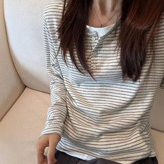 Mock Two-Piece Long-Sleeve Henley Striped T-Shirt