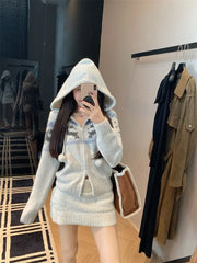 Jacquard Drawstring Hooded Zip Cardigan / Elastic Waist Mini Pencil Knit Skirt