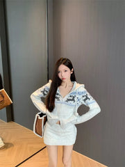 Jacquard Drawstring Hooded Zip Cardigan / Elastic Waist Mini Pencil Knit Skirt