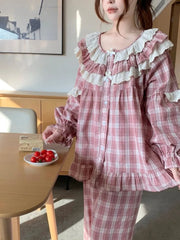 Pajama Set: Long-Sleeve Crew Neck Plaid Lace Panel Ruffle Trim Button-Up Top + Pants