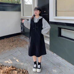 [XL-4XL] Set: Striped Hoodie + Scoop Neck Half-Buttoned Plain Midi Overall Dress