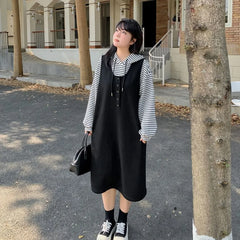 [XL-4XL] Set: Striped Hoodie + Scoop Neck Half-Buttoned Plain Midi Overall Dress