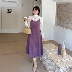[XL-4XL] Set: Long-Sleeve Turtleneck Lace Top + Spaghetti Strap V-Neck Plain Midi A-Line Dress