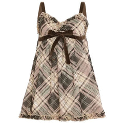V-Neck Plaid Ruffled-Trim A-Line Camisole Top / Short Sleeve Top