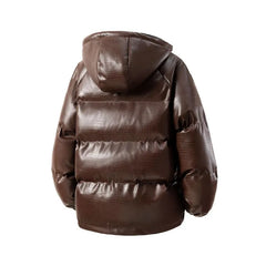 Hooded Plain Faux Leather Puffer Jacket