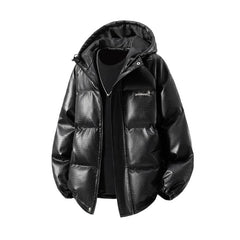 Hooded Plain Faux Leather Puffer Jacket