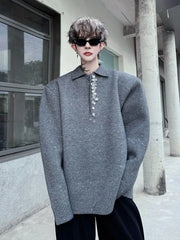 Long-Sleeve Rhinestone Glitter Polo-Neck Sweater