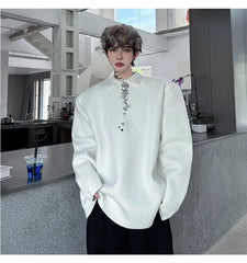 Long-Sleeve Rhinestone Glitter Polo-Neck Sweater