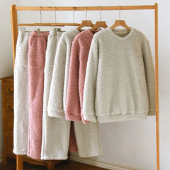 Couple Matching Pajama Set: Round Neck Plain Fleece Sweatshirt + Elastic Waist Straight Leg Pants (Various Designs)