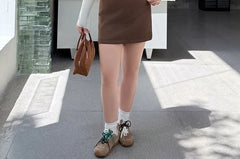 Plus Size Long-Sleeve V-Neck Plain Lace Trim T-Shirt / High Waist Plain Mini A-Line Skirt / Collared Plain Faux Leather Zip Jacket