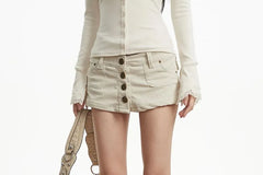 Mock Two-Piece Low Rise Plain Buttoned Mini Pencil Skirt