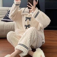 Pajama Set: Collared Bow Coral Fleece Faux Pearl Button Jacket + Straight Leg Pants