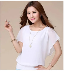 Batwing Sleeve Plain Chiffon Paneled Blouse
