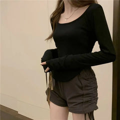 Long-Sleeve Scoop Neck Plain T-Shirt