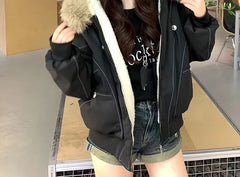 Furry Trim Hooded Zip-Up Jacket